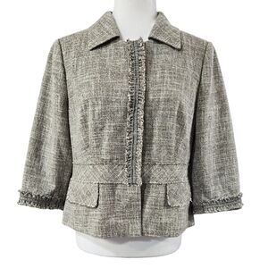 Ann Taylor Tan Tweed Snap Up 3/4 Sleeve Jacket Fringe Trim Pockets Preppy